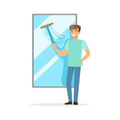 Young smiling man washing window, house husband working at home vector Illustration