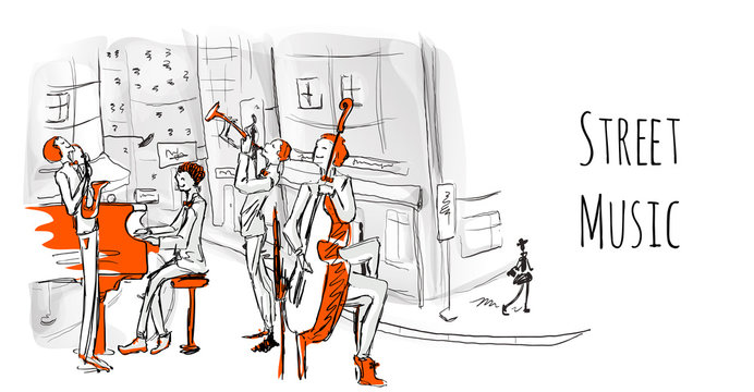 A Musical Band Of Street Musicians. The Quartet Plays Jazz On A City Street. Vector Music Illustration In Sketch Style.