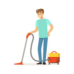 Young smiling man cleaning the floor with vacuum cleaner, house husband working at home vector Illustration
