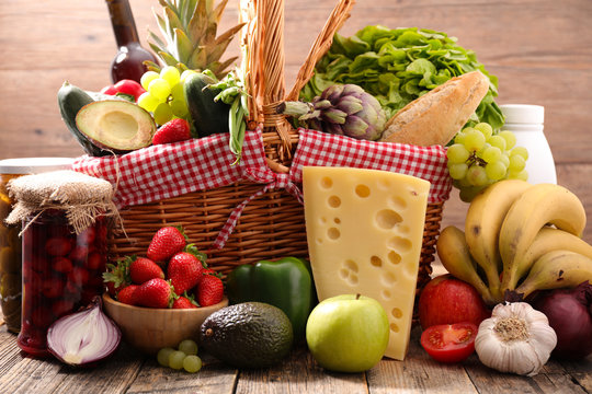basket with fruit,vegetable,egg,cheese