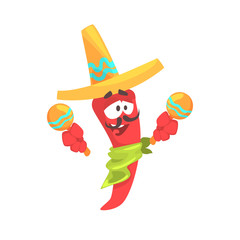 Funny cartoon red pepper character wearing sombrero shaking maracas, mexican traditional humanized food in traditional clothes playing music vector Illustration