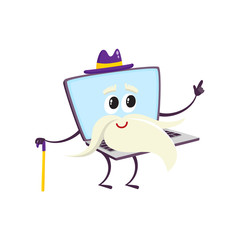 vector flat cartoon funny laptop humanized character with arms, legs and face, wearing hat, white beard and mustache keeping cane in hand. Isolated illustration on a white background.