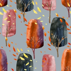Abstract autumn trees with falling leaves, watercolor seamless pattern.