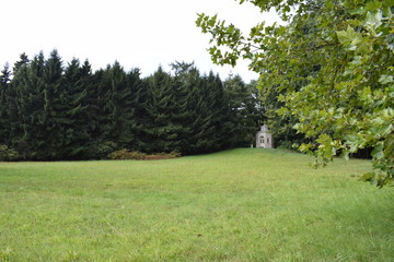 chapel in a field with trees