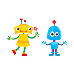 vector flat cartoon funny friendly robot. Humanoid girl holding flower, boy characters with legs arms, with locator on head smiling . Isolated illustration on a white background.