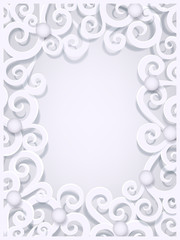 White Christmas greeting card background with paper cut out curls, swirls forming a frame, flat style vector illustration. Abstract Christmas, Xmas greeting card background with blank, empty space