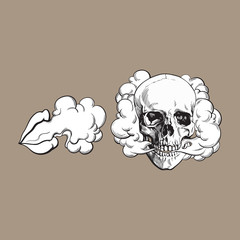 Smoke coming out of skull and female lips, sketch vector illustration isolated on color background. Hand drawn smoking skull and woman lips emitting clouds of smoke