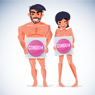 naked man and woman holding big condom in package. safe sex concept - vector