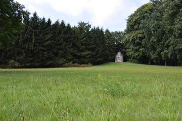 chapel in a field with trees