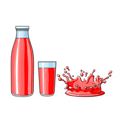 Vector cartoon glass bottle, cup and splash drop of red fresh fruit juice. Isolated illustration on a white background. Soft drink, refreshing beverage image.