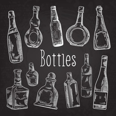 Hand Drawn Bottles Doodle. Wine, Cognac Bottle Blackboard Sketch. Vector illustration