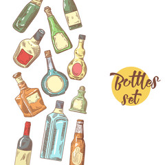Hand Drawn Bottles Menu Design. Wine, Cognac Bottle Sketch. Vector illustration