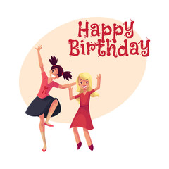 Happy birthday vector greeting card, poster, banner design with Two girls, one teenager with black ponytails, another blond preschooler, dancing at party. Happy girls dancing, having fun
