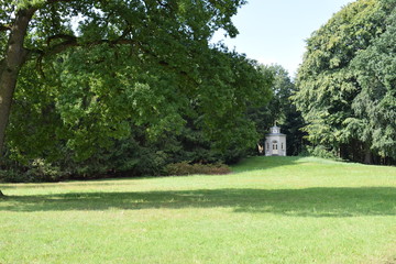 chapel in a field with trees