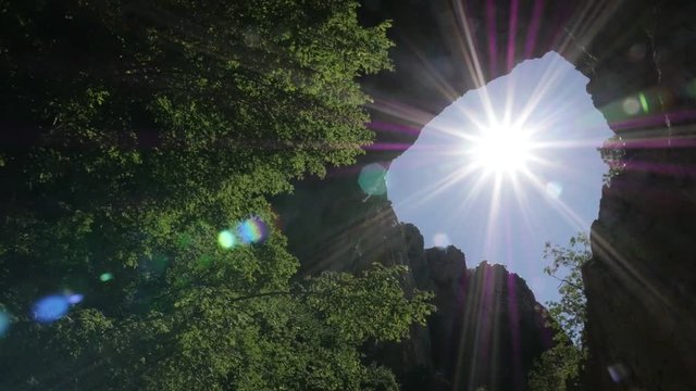 Eastern Serbia natural wonder slow-mo footage - Slow motion sun flares through Vratna gates video 