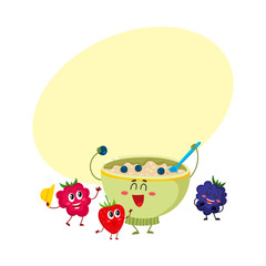 Funny smiling bowl of oatmeal porridge and raspberry, blackberry berry characters, cartoon vector illustration with space for text. Cute and funny oatmeal porridge bowl and berry characters