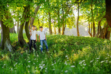 brothers play with a model airplane in a beautiful evening park