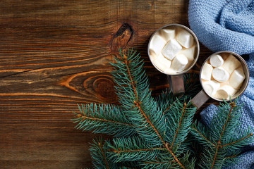 Christmas drink. Mug hot coffee with marshmallow on the wooden background. New Year.