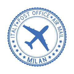 Postal stamp with MILAN title. Round blue postmark