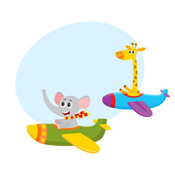 Cute funny animal pilot characters flying on airplane - giraffe and elephant, cartoon vector illustration with space for text. Little baby giraffe and elephant characters flying on airplane