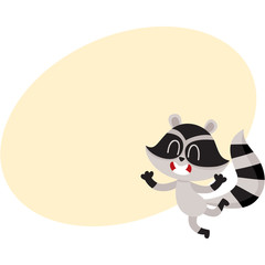 Cute little raccoon character jumping from happiness and delight, cartoon vector illustration with space for text. Happy and excited little raccoon jumping with pleasure and delight