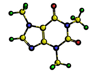 Molecular structure of Caffeine, 3D rendering