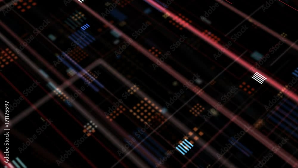 Poster 3d rendering loopable sequence with camera passing through 2dgfx elements. lines, squares and other 