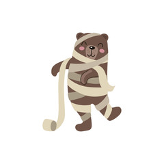 vector flat cartoon funny bear wrapped in toilet paper like mummy. Isolated illustration on a white background. Fancy Halloween outfit for an animal concept