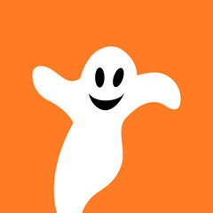 Flying ghost spirit. Happy Halloween. Scary white ghosts. Cute cartoon spooky character. Smiling face, hands. Orange background Greeting card.