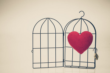 A red heart in opened bird cage / Love and freedom concept