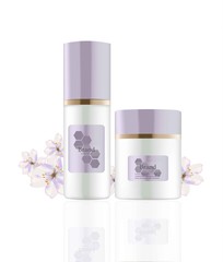 Cream and Lotion Cosmetics set Vector realistic mock up. Purple package Hydration cream bottle. Perfect for advertising, flyer, banner, poster. 3d illustration