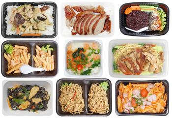 Different types of takeaway food in microwavable containers sold in convenient stores