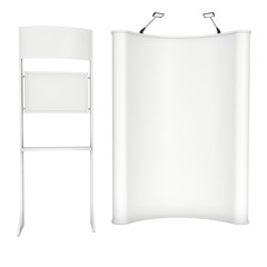 LCD Screen Stand with Pop up. Blank Trade Show Booth. 3d render of lcd screen isolated on white background. High Resolution. Ad template for your expo design.