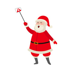 vector flat cartoon Santa Claus standing in red white clothing and hat making selfie by stick. Illustration isolated on a white background. Christmas ,new year poster design