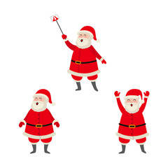 vector flat cartoon Santa Claus standing in red white clothing and hat, another one making selfie by stick set. Illustration isolated on a white background. Christmas ,new year poster design