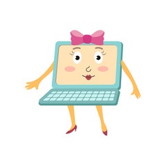 vector flat cartoon funny laptop humanized female girl character with arms, legs and face , wearing red bow and smiling. Isolated illustration on a white background.