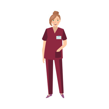 vector flat cartoon brunette cute woman nurce in red medical clothing smiling cheerfully. Adult female character. Isolated illustration on a white background.