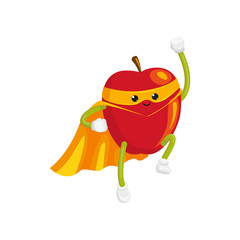 vector flat cartoon apple character in orange cape, mask flying like superman. Isolated illustration on a white background Stylized humanized fruit and vegetable super hero protecting people's health
