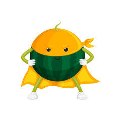vector cartoon watermelon character in yellow cape, mask standing with hands on belt. Isolated illustration on a white background. Stylized fruit and vegetable super hero protecting people's health