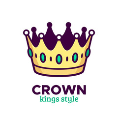 Golden crown icon in flat outline style or logo template with slogan isolated on white background. Vector cartoon illustration