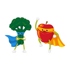 vector flat cartoon fruit, vegetable character in cape, mask set. Broccoli standing with hands crossed on chest, apple flying like superman. Isolated illustration on a white background.
