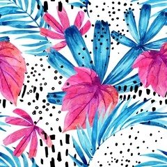 Zelfklevend Fotobehang Watercolor tropical leaves seamless pattern. © Tanya Syrytsyna