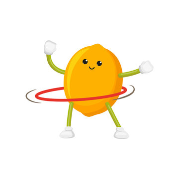 vector flat cartoon funny lemon character sportsman. Cheerful humanized fruit makes exercises with hula hoop smiling. Isolated illustration on a white background. Healthy, sportive lifestyle concept