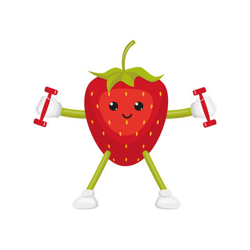 vector flat cartoon funny strawberry character doing fitness. Cheerful humanized fruit makes exercises with dumbbells . Isolated illustration on a white background. Healthy, sportive lifestyle concept