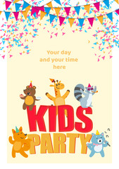 Kid birthday party poster, banner, card with cute animal characters having fun, flat cartoon vector illustration on white background. Birthday party poster with cute animal characters having fun