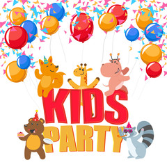 Kid birthday party poster, banner, card with cute animal characters having fun, flat cartoon vector illustration on white background. Birthday party poster with cute animal characters having fun