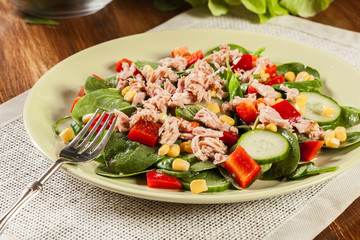 Fresh spinach salad with tuna, cucumber, corn, and red paprika on a plate