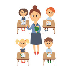 vector flat cartoon cute schoolkid character sitting at desk in elementary school smiling, teacher with pointer set. Isolated illustration on a white background. Child education back to school concept