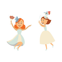 vector flat cartoon bride wearing white dress, veil throwing her bouquet in air, another one dances smiling. Illustration isolated on a white background. Wedding, marriage concept character design