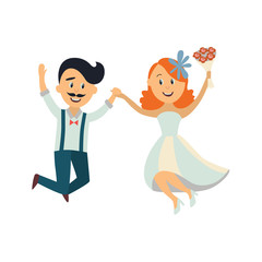 vector groom and bride newlywed couple dancing happily jumping holding each other's hands. cartoon illustration isolated on a white background. Wedding concept character design